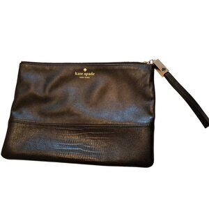 Kate Spade Black Leather Clutch Handbag Gold Accent Zip Pouch Snake Print Tassel
